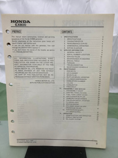 Honda 61ZA700 EX800 Generator Shop Manual 1983 Genuine