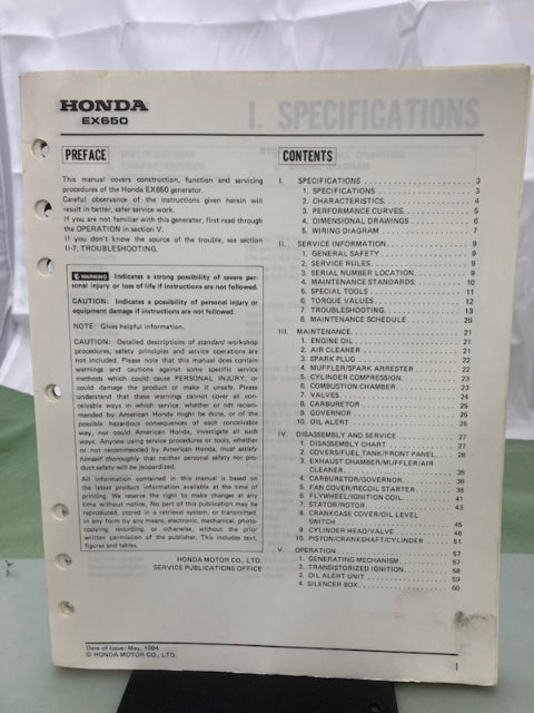Honda 61ZA800 EX650 Generator Shop Manual 1984 Genuine