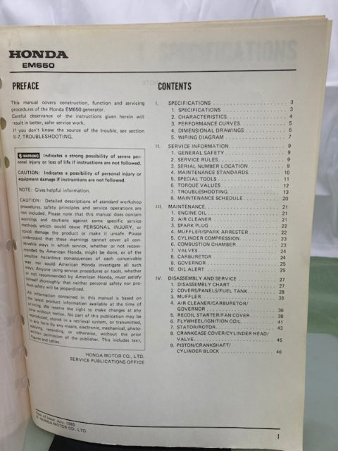 Honda 61ZA870 EM650 Generator Shop Manual 1985 Genuine