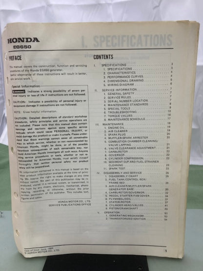Honda 61ZA850 EG650 Generator Shop Manual 1984 Genuine