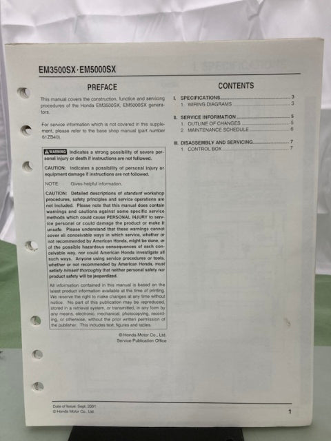 Honda 61ZB400W EM3500SX EM5000SX Generator Shop Manual Supplement 2001 Genuine