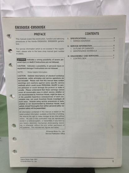 Honda 61ZB400W EM3500SX EM5000SX Generator Shop Manual Supplement 2001 Genuine