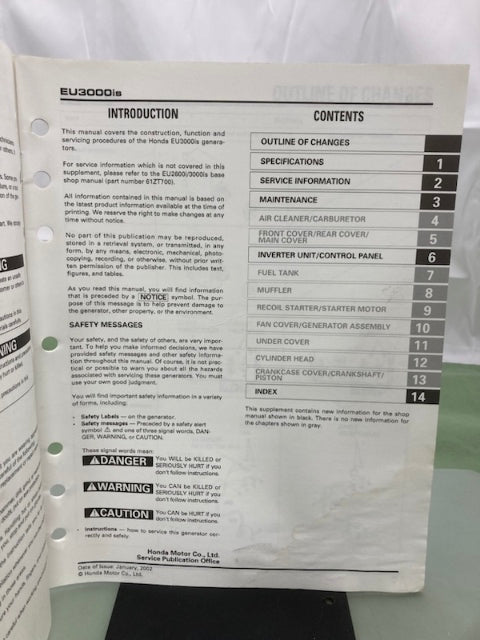 Honda 61ZT700Y EU3000is Generator Shop Manual Supplement 2002 Genuine