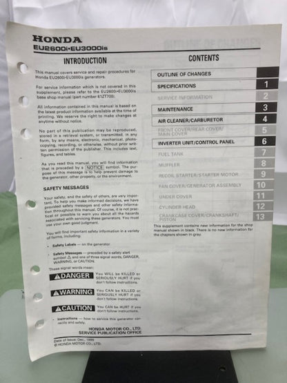 Honda 61ZT700Z EU2600i EU3000is Generator Shop Manual Supplement 1999 Genuine