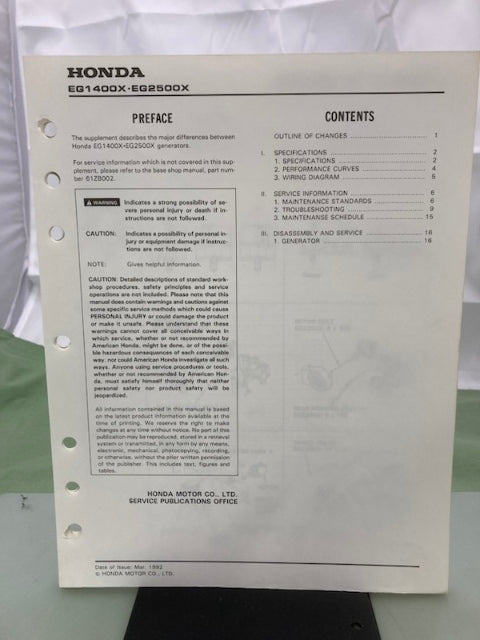 Honda 61ZB002Z EG1400X EG2500X Generator Shop Manual Supplement 1992 Genuine