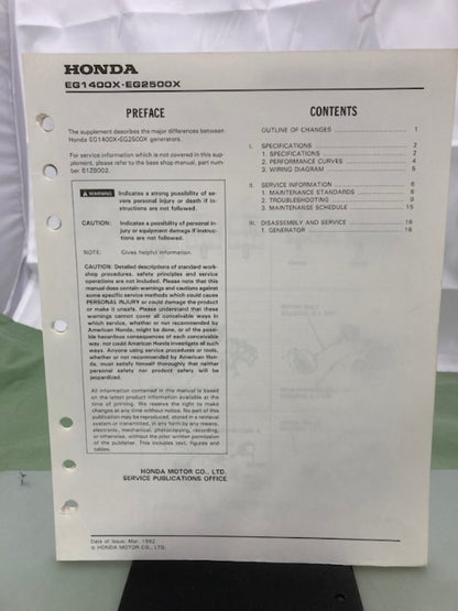 Honda 61ZB002Z EG1400X EG2500X Generator Shop Manual Supplement 1992 Genuine