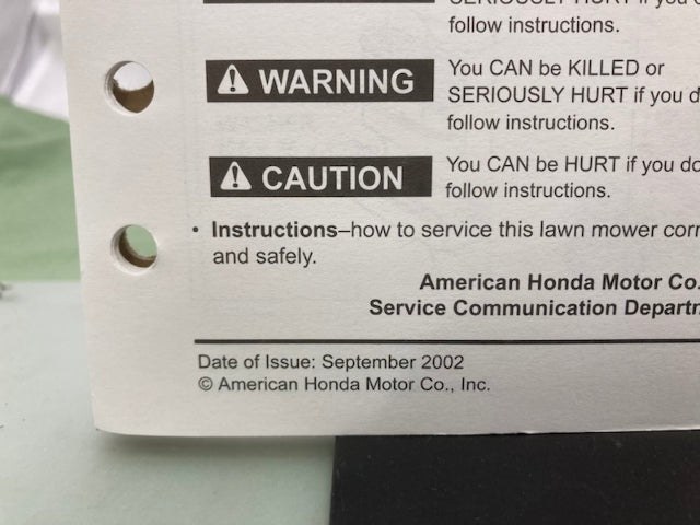 Honda 61VA330Y HR215 Rotary Mower Shop Manual Supplement 2002 Genuine
