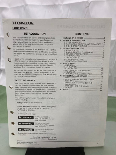 Honda 61VA330Y HR215 Rotary Mower Shop Manual Supplement 2002 Genuine