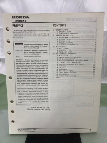 Honda 61VB301Y HRC215 Rotary Mower Shop Manual Supplement 1990 Genuine