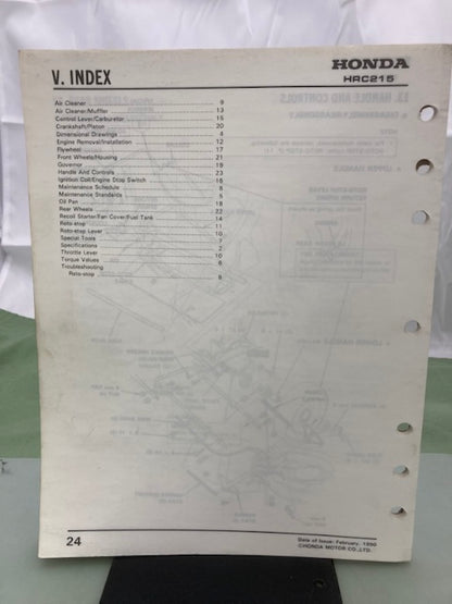 Honda 61VB301Y HRC215 Rotary Mower Shop Manual Supplement 1990 Genuine
