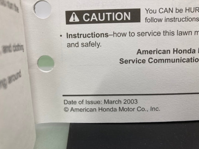 Honda 61VE2640X HRB217 Rotary Mower Shop Manual Supplement 2003 Genuine