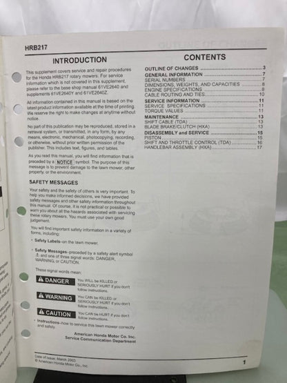 Honda 61VE2640X HRB217 Rotary Mower Shop Manual Supplement 2003 Genuine