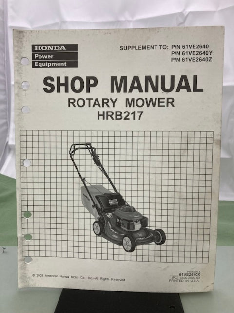 Honda 61VE2640X HRB217 Rotary Mower Shop Manual Supplement 2003 Genuine