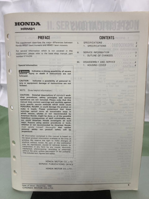 Honda 61VA200Z HRM21 Rotary Mower Shop Manual Supplement 1990 Genuine