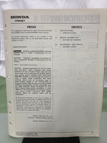 Honda 61VA200Z HRM21 Rotary Mower Shop Manual Supplement 1990 Genuine