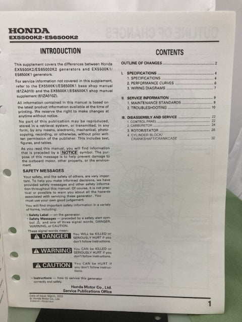 Honda 61ZA010 EL5000 EX5500 ES6500 Shop Manual '85 w/ Supplements Z & Y Genuine