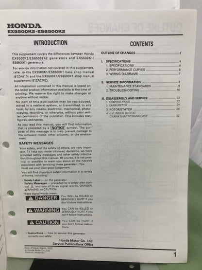 Honda 61ZA010 EL5000 EX5500 ES6500 Shop Manual '85 w/ Supplements Z & Y Genuine