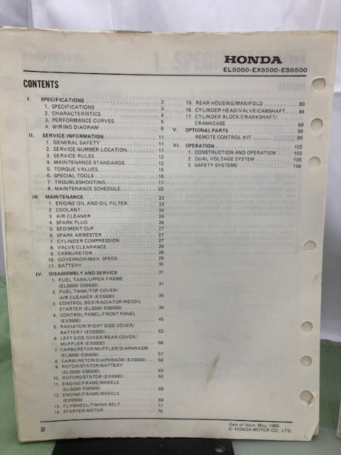 Honda 61ZA010 EL5000 EX5500 ES6500 Shop Manual '85 w/ Supplements Z & Y Genuine