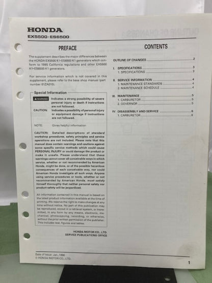 Honda 61ZA010 EL5000 EX5500 ES6500 Shop Manual '85 w/ Supplements Z & Y Genuine