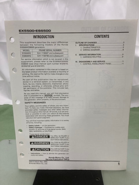 Honda 61ZA010X EX5500 ES6500 Shop Manual Supplement 2002 Genuine
