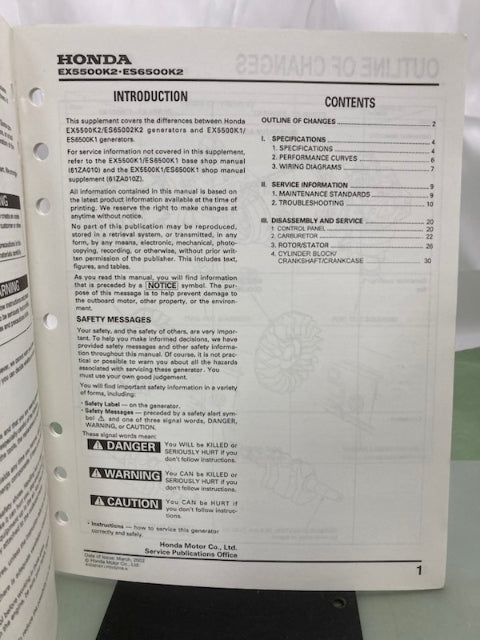 Honda 61ZA010Y EX5500 ES6500 Shop Manual Supplement 2002 Genuine