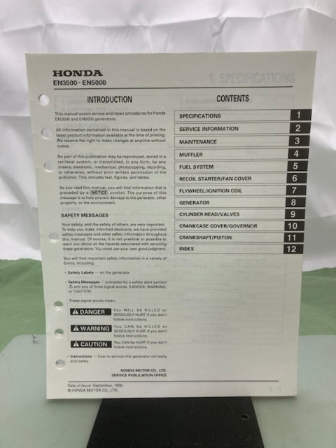 Honda 61Z0000 EN3500 EN5000 Generator Shop Manual 1998 Genuine