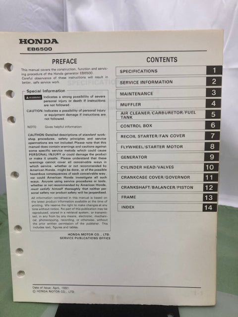 Honda 61ZD100 EB6500 Generator Shop Manual 1991 w/ Supplement 61ZD100Z Genuine