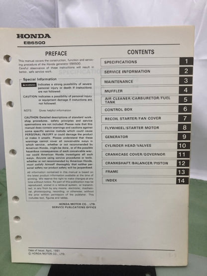 Honda 61ZD100 EB6500 Generator Shop Manual 1991 w/ Supplement 61ZD100Z Genuine
