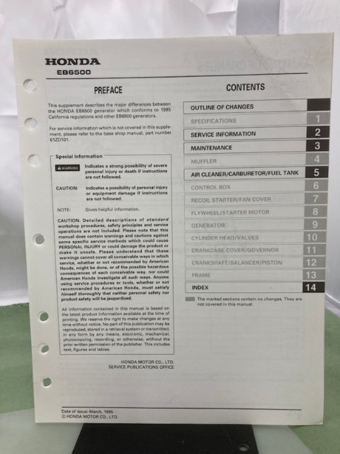 Honda 61ZD100 EB6500 Generator Shop Manual 1991 w/ Supplement 61ZD100Z Genuine