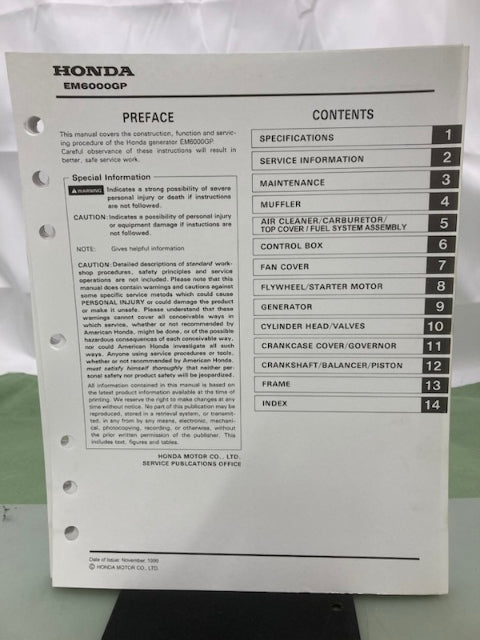 Honda 61ZD100X EM6000GP Generator Shop Manual 1999 Genuine