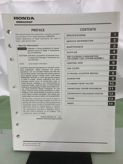 Honda 61ZD100X EM6000GP Generator Shop Manual 1999 Genuine