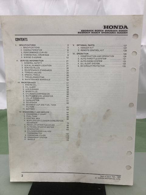 Honda 61ZB401 EB3500 EB5000 EG3500 EG5000 EM3500 EM5000 Shop Manual 1986 Genuine