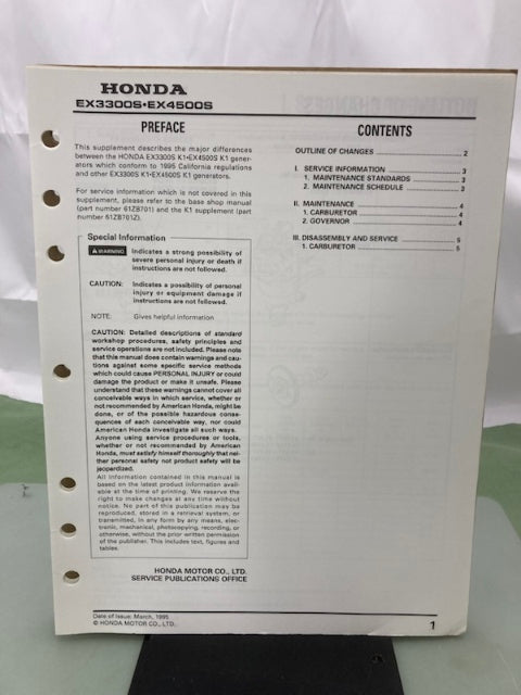 Honda 61ZB701 EX3300S EX4500S Shop Manual '86 w/ Supplements & Addendum Genuine