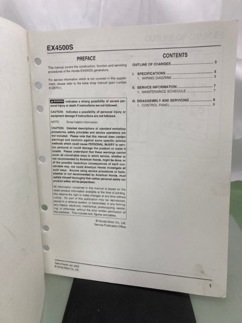 Honda 61ZB701 EX3300S EX4500S Shop Manual '86 w/ Supplements & Addendum Genuine