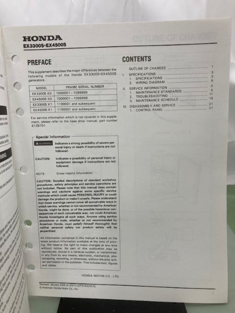 Honda 61ZB701 EX3300S EX4500S Shop Manual '86 w/ Supplements & Addendum Genuine