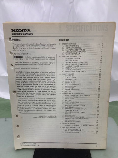 Honda 61ZB701 EX3300S EX4500S Shop Manual '86 w/ Supplements & Addendum Genuine