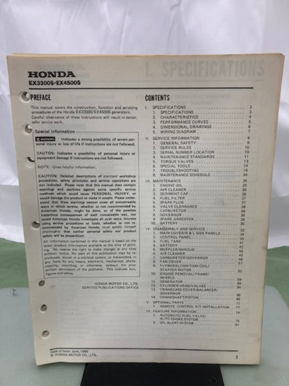 Honda 61ZB701 EX3300S EX4500S Shop Manual '86 w/ Supplements & Addendum Genuine