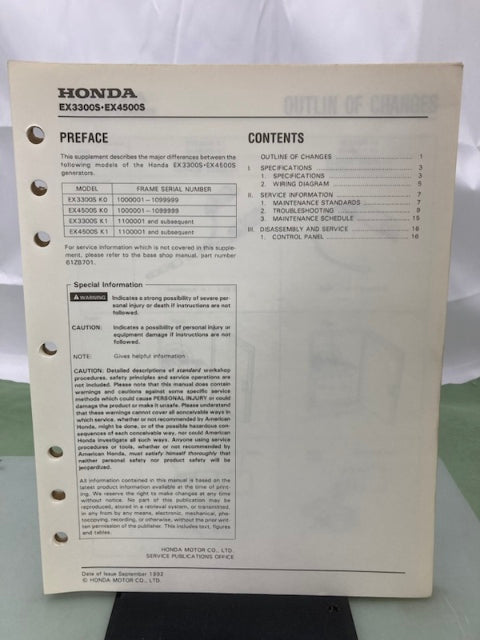 Honda 61ZB701 EX3300S EX4500S Shop Manual '86 w/ Supplements & Addendum Genuine