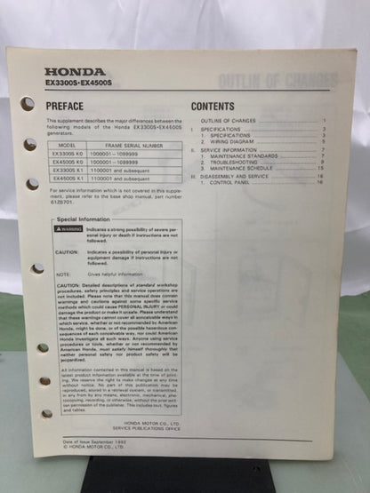 Honda 61ZB701 EX3300S EX4500S Shop Manual '86 w/ Supplements & Addendum Genuine