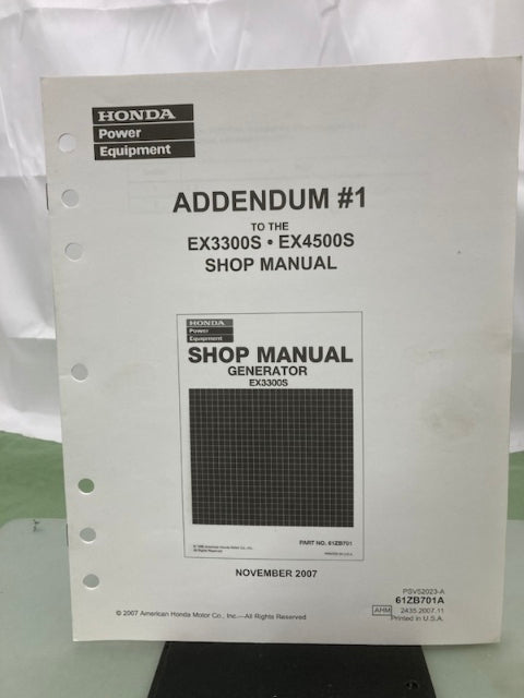 Honda 61ZB701 EX3300S EX4500S Shop Manual '86 w/ Supplements & Addendum Genuine
