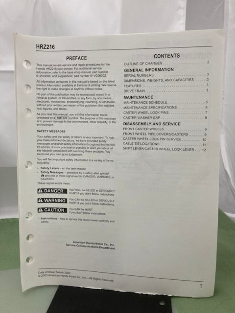 Honda 61VG3600 HRS216 HRR216 HRT216 Shop Manual '98 w/ Supplements Z & Y Genuine