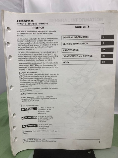 Honda 61VG3600 HRS216 HRR216 HRT216 Shop Manual '98 w/ Supplements Z & Y Genuine