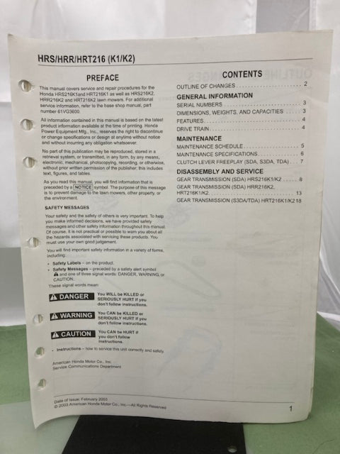 Honda 61VG3600 HRS216 HRR216 HRT216 Shop Manual '98 w/ Supplements Z & Y Genuine