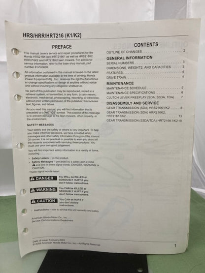 Honda 61VG3600 HRS216 HRR216 HRT216 Shop Manual '98 w/ Supplements Z & Y Genuine