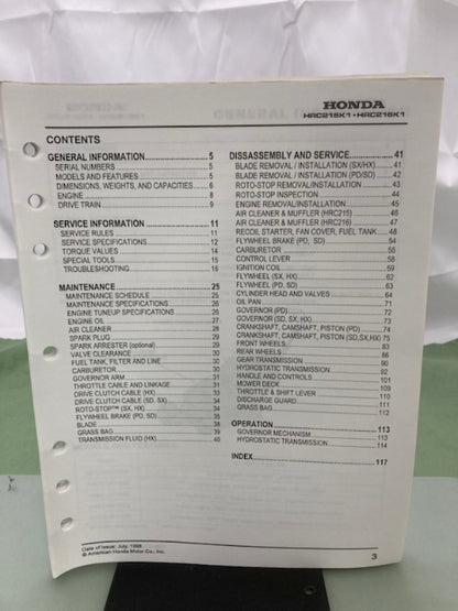 Honda 61VB3601 HRC215K1 HRC216K1 Rotary Mower Shop Manual 1998 Genuine