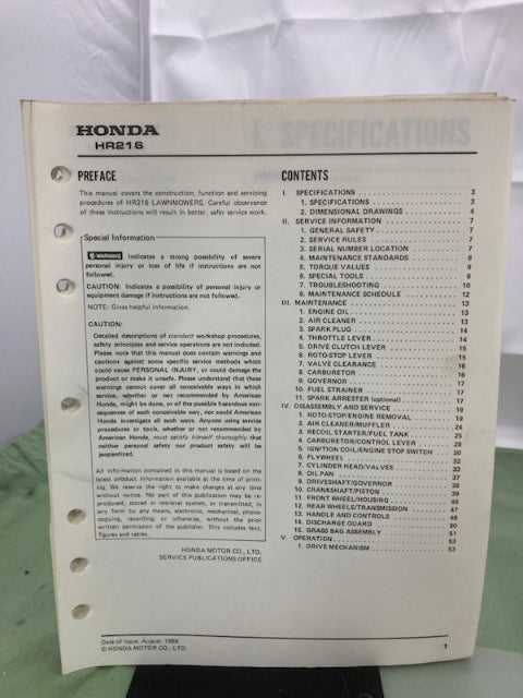 Honda 61VB300 HR216 Shop Manual '86 w/ HRA216 Supplement 61VB300Z '86 Genuine