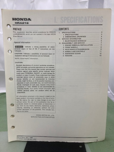 Honda 61VB300 HR216 Shop Manual '86 w/ HRA216 Supplement 61VB300Z '86 Genuine