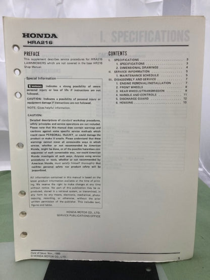 Honda 61VB300 HR216 Shop Manual '86 w/ HRA216 Supplement 61VB300Z '86 Genuine