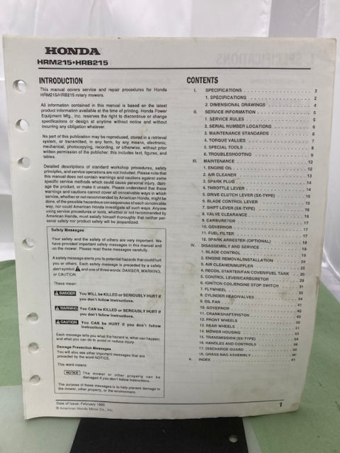 Honda 61VE2630 HRB215PX HRM215PX HRB215SX HRM215SX Shop Manual 1992 Genuine