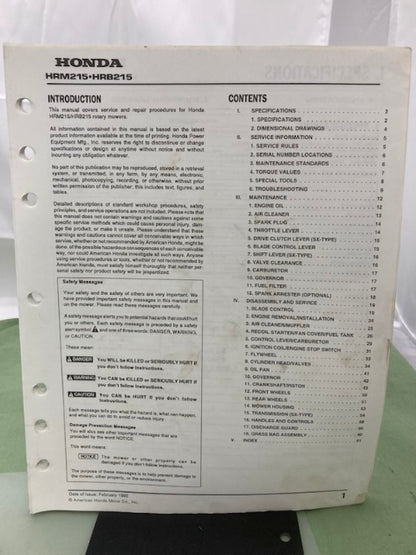 Honda 61VE2630 HRB215PX HRM215PX HRB215SX HRM215SX Shop Manual 1992 Genuine